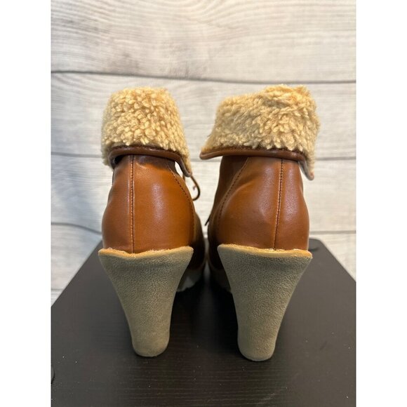 H&M Vintage-Style Brown Lace-Up Boots With Faux Fur Lining & Chunky Heel Size 8 - Picture 4 of 5